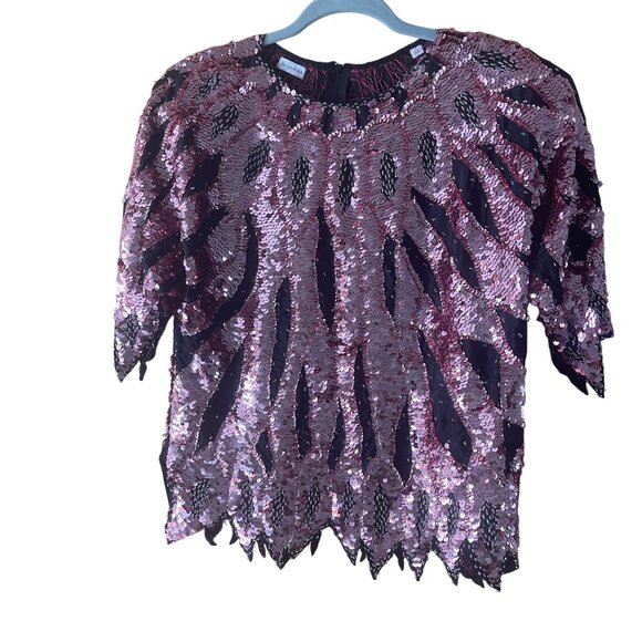 Vintage Womens Top Size 44 Pink Handmade Beaded Sequin Flame Pattern Pure Silk - Picture 1 of 13
